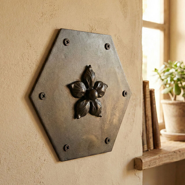 壁に取り付けられた、中央に3Dの花のモチーフがあしらわれたアンティーク調ブロンズ製の六角形メタルウォールデコレーション。