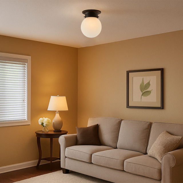 インテリアを照らすシンプルモダンな球体型シーリングライトの設置例