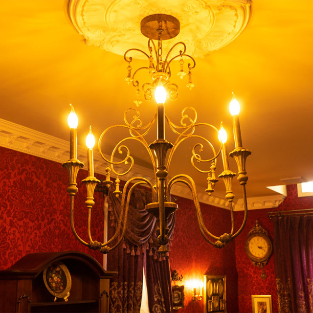 柔らかな光が広がるシャンデリア照明のリビング室内設置写真