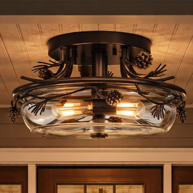 玄関ポーチを照らす松ぼっくりデザインのMinka Lavery屋外用シーリングライトの設置例イメージ