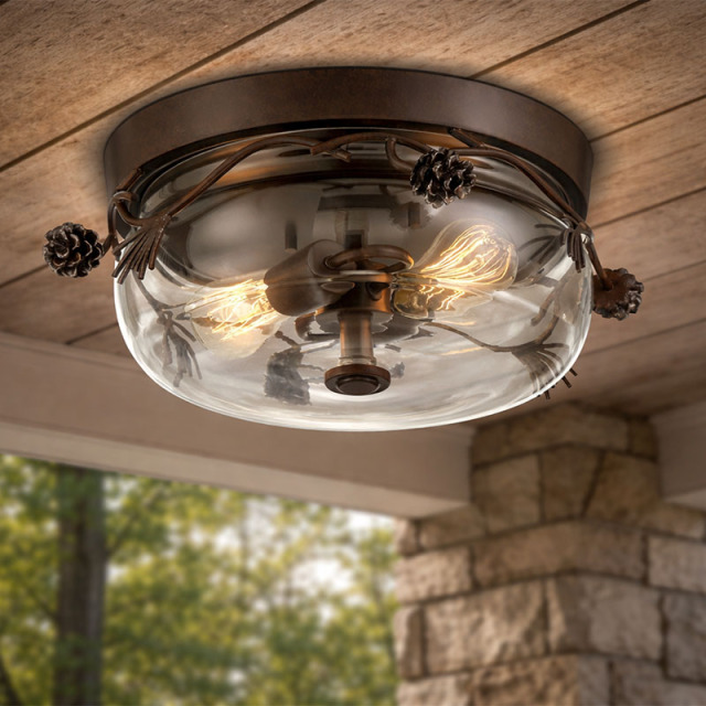 玄関ポーチを照らす松ぼっくりデザインのMinka Lavery屋外用シーリングライトの設置例イメージ