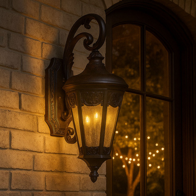 高級感漂うエクステリアに最適なアンティーク調壁付け照明の設置例