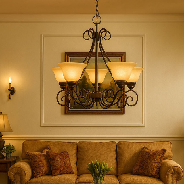 カステロ5灯シャンデリアライト（ソノマブロンズ）｜アップ型・ガラス