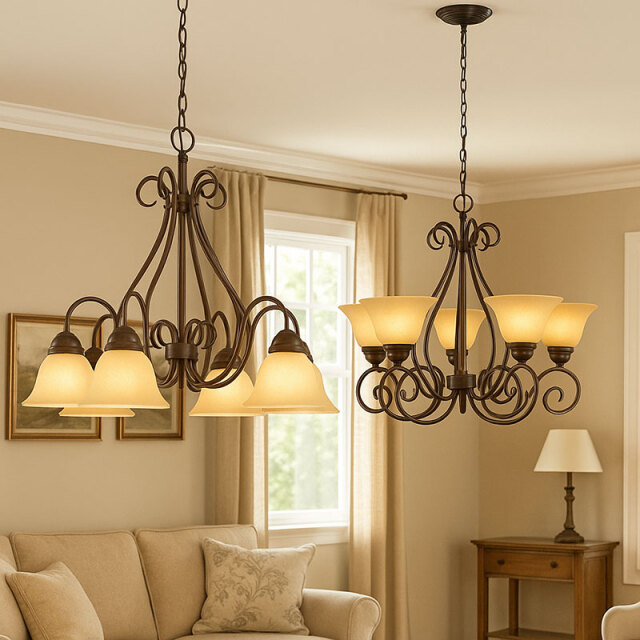 カステロ5灯シャンデリアライト（ソノマブロンズ）｜アップ型・ガラス