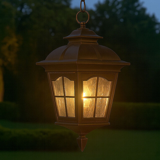 庭に吊り下げられたクラシックなランタン型屋外ペンダントライトが柔らかな光を灯している夜景