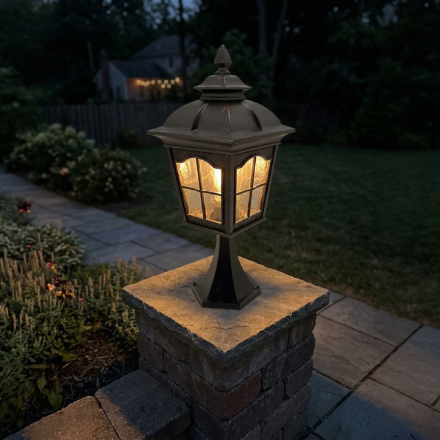 シンプルでレトロなアンティークブロンズのポスト型外灯設置例イメージ｜Wentai Lighting ボスコシリーズ