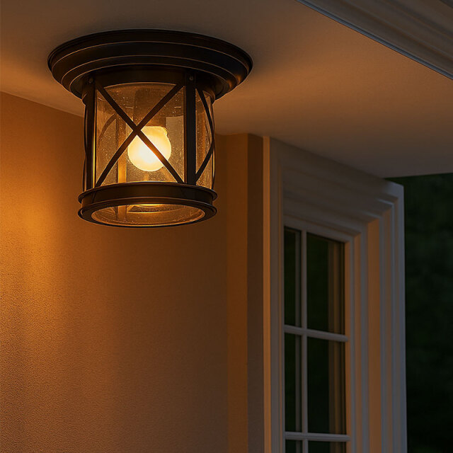 黒フレームの天井付けランタンが暖かい光を放つ夕暮れの外観。