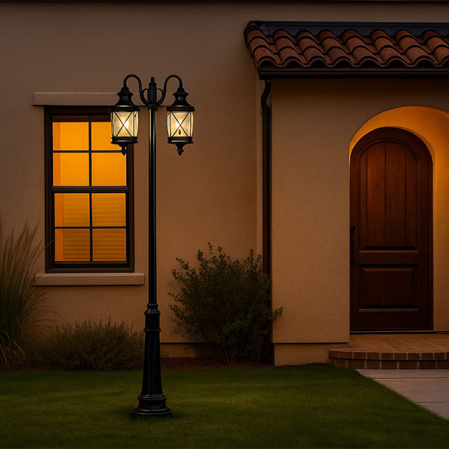 クラシックな街路灯が夜の庭園を照らす設置例