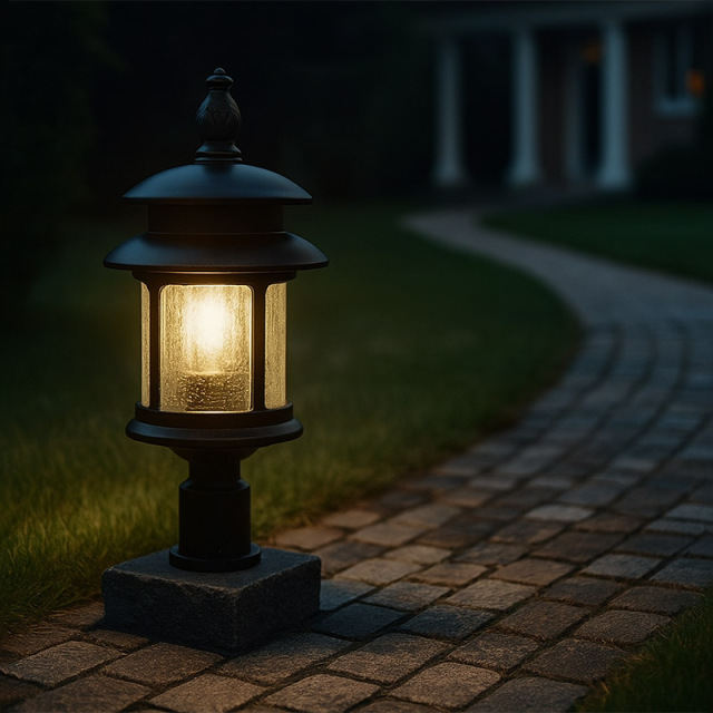 エクステリアをおしゃれに彩るクラックドガラスのポスト型照明の設置例