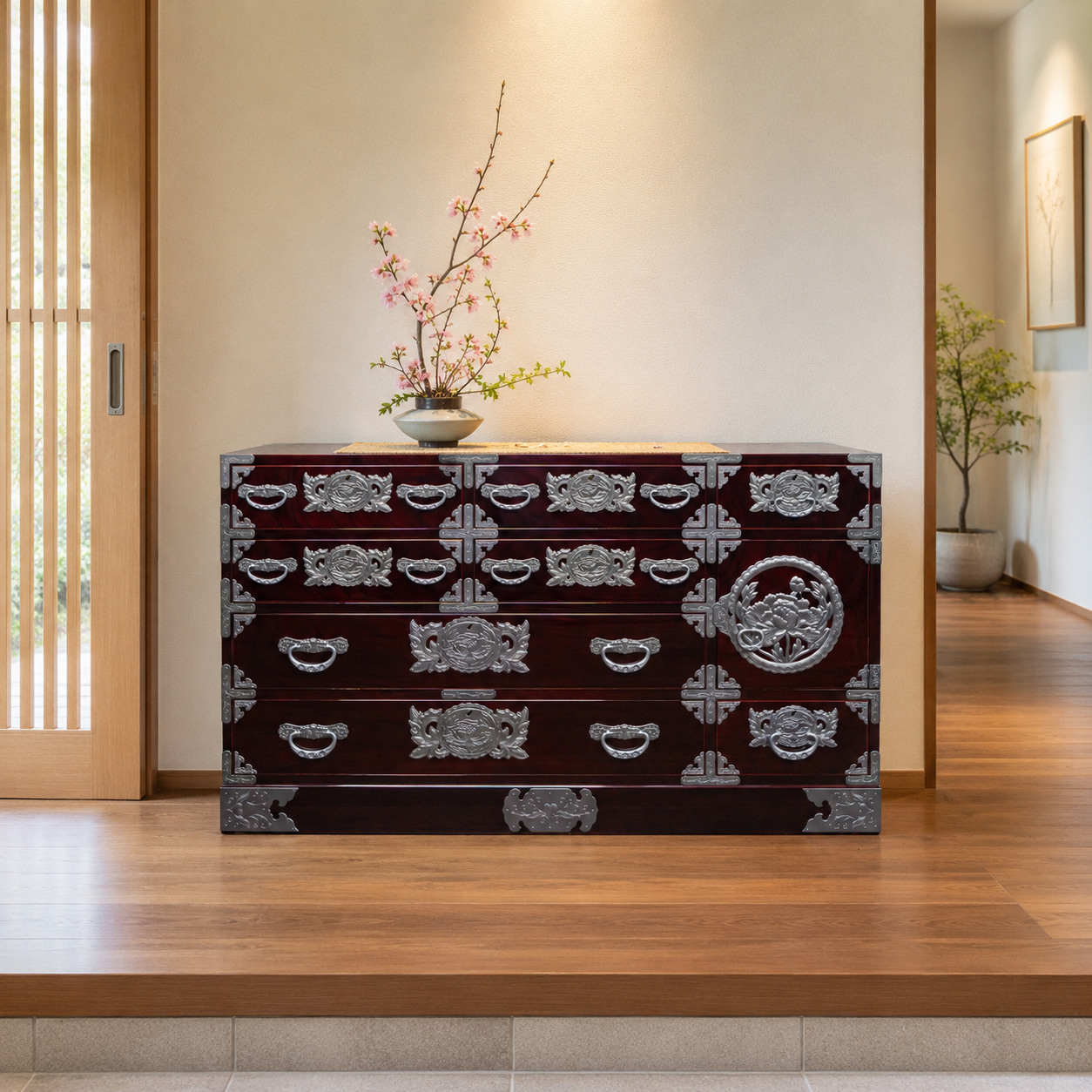 仙台箪笥 130巾横長箪笥75 KB-12B/KR-12B/KEB-12B 木地呂漆塗り/赤木肌