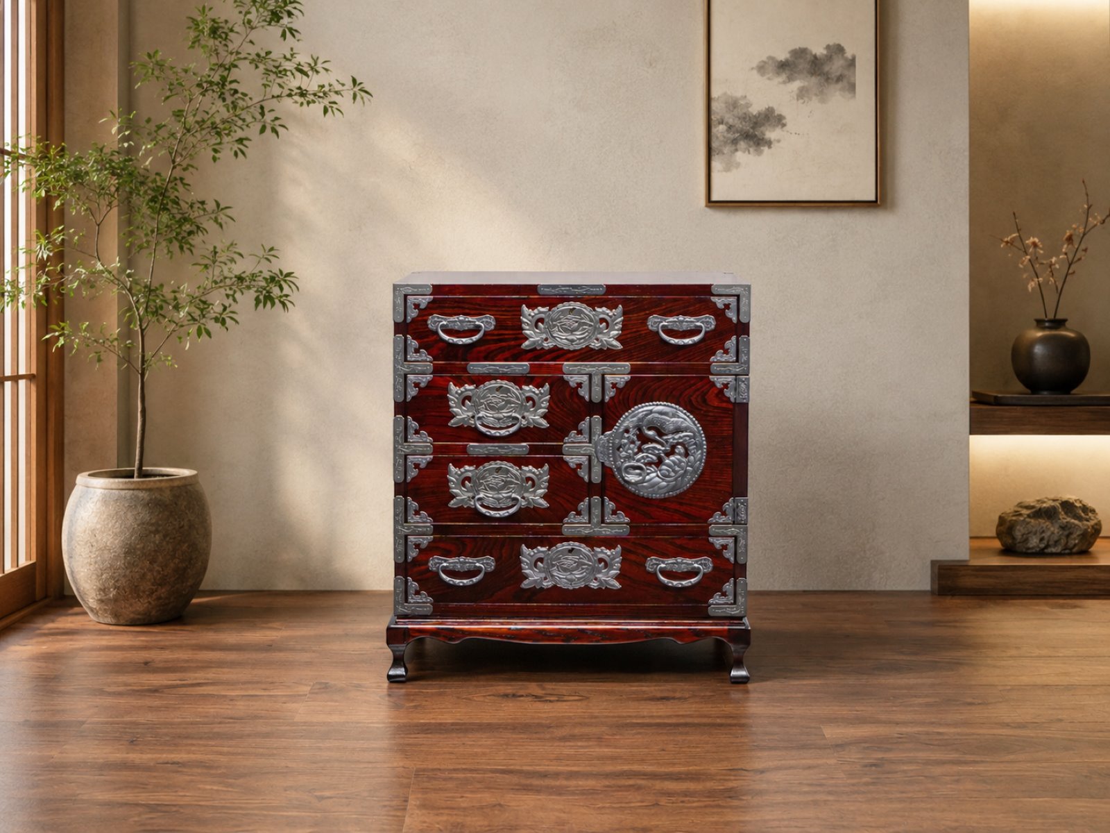 猫足帳場箪笥 KC-60BDH 拭き漆塗り 小田俊直作 彫金手打金具（扉