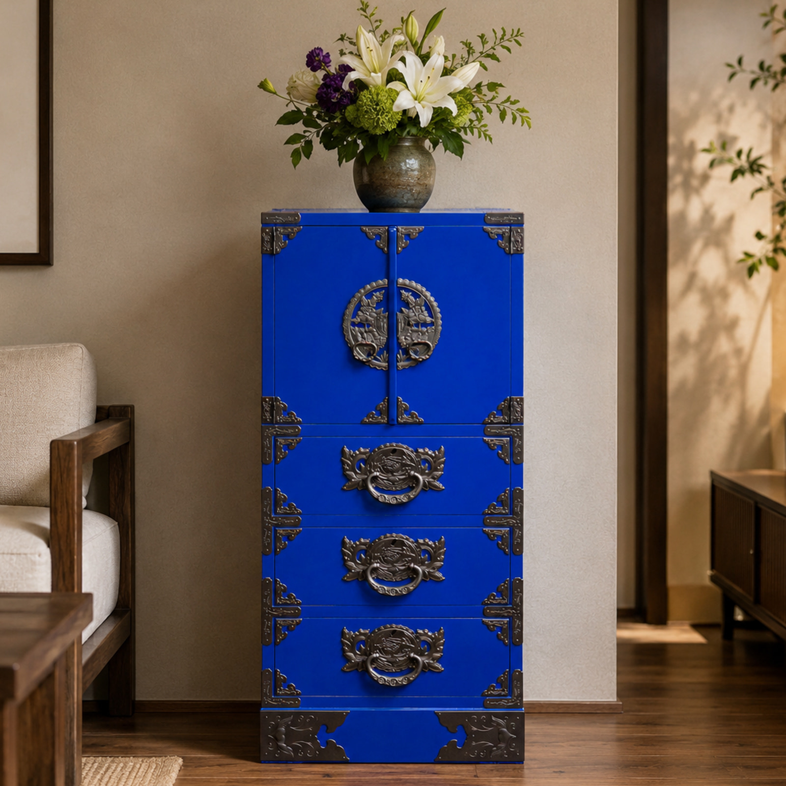民芸家具 仙台箪笥 小箪笥 船箪笥 タンス 三段 鍵付き 縦40cm 横32cm 仙台箪笥 45巾すきまチェスト KB-321/KR-321/KEB-321 木地呂漆塗り
