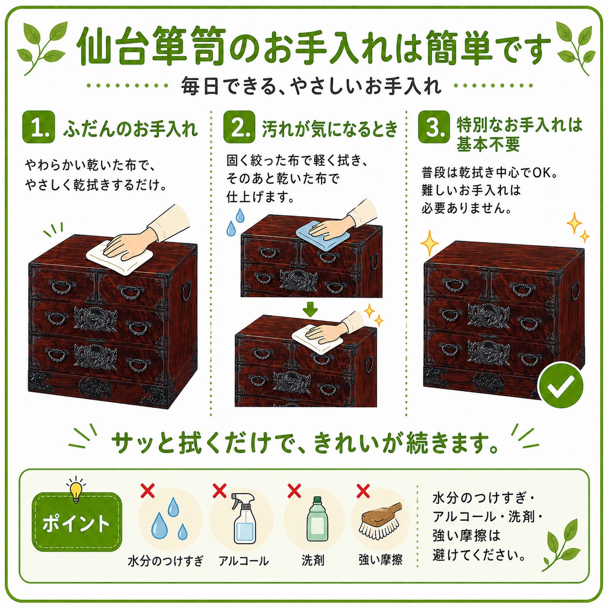 京都 宮崎家具【漆塗り小袖桐箪笥】生地張替え 仙台箪笥 帖面箪笥 KC-29 拭き漆塗り｜和箪笥 チェスト 収納家具 玄関