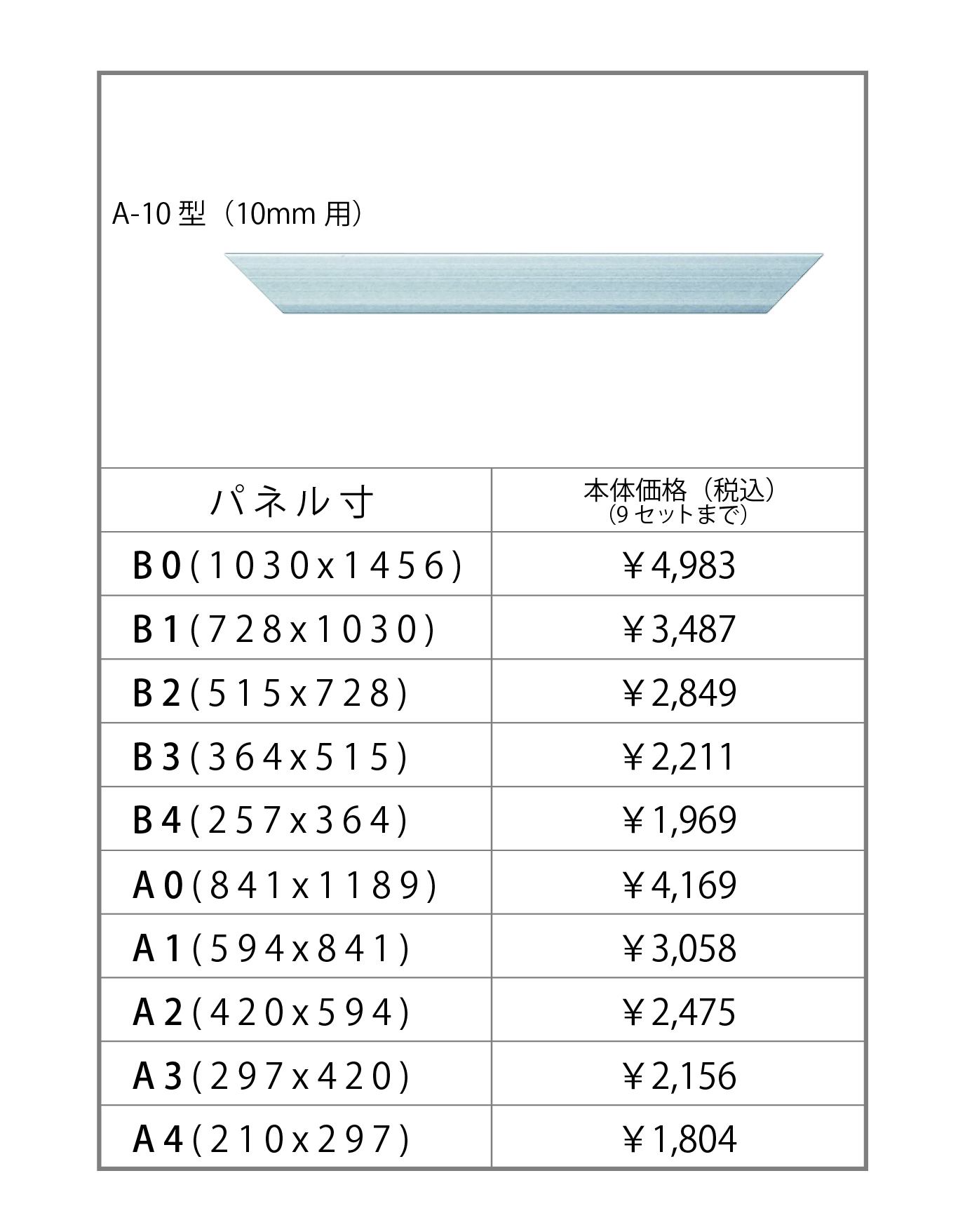 PriceListA-10(アルミフレーム　A-10型(10mm用)　B0サイズ～A4サイズ 価格表)