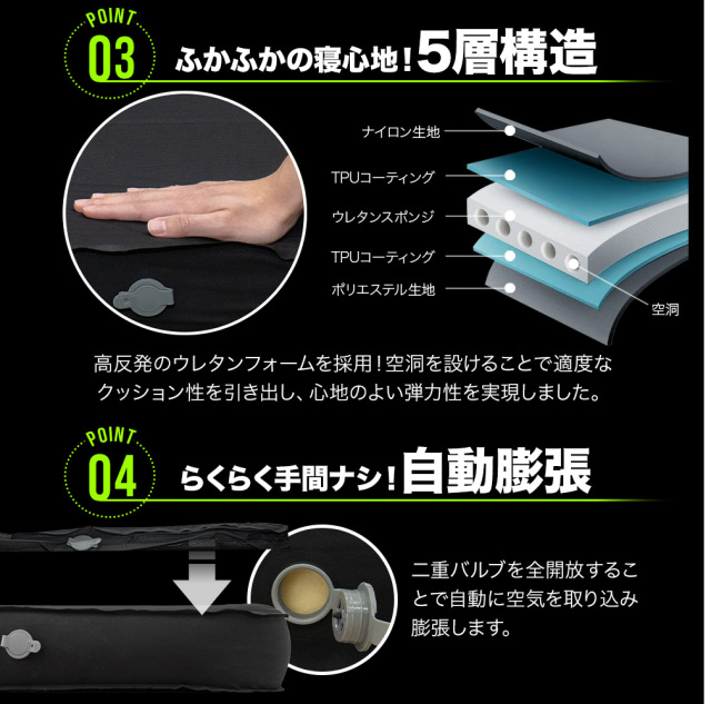 車中泊　エアマット　高密度ウレタンフォーム　ダブル　ラージサイズ　ブラック 車中泊 エアマット 高密度ウレタンフォーム ダブル ラージサイズ