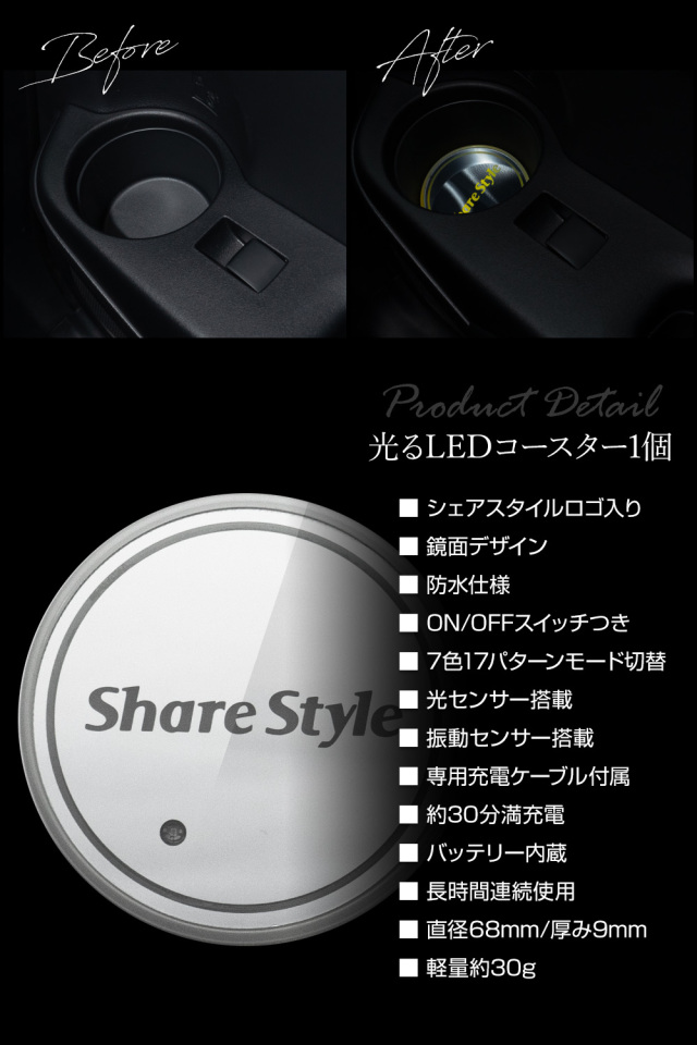 円形LED コースター　機能 確認 USB 充電式 光る LED コースター ON/OFFスイッチつき 光センサー