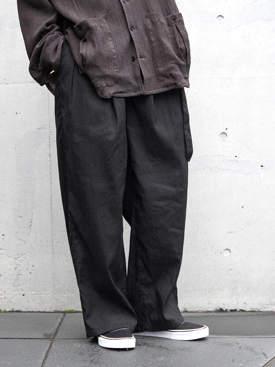ANCELLM "LINEN POPLIN  BELT-LESS SLACKS" - BLACK