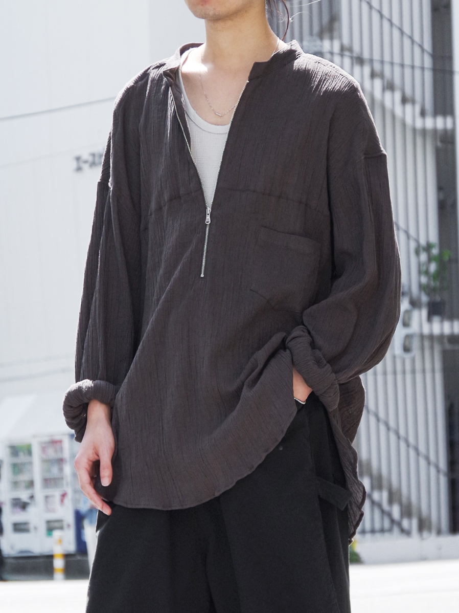 ANCELLM "CREPE HALF ZIP SHIRT" - BROWN