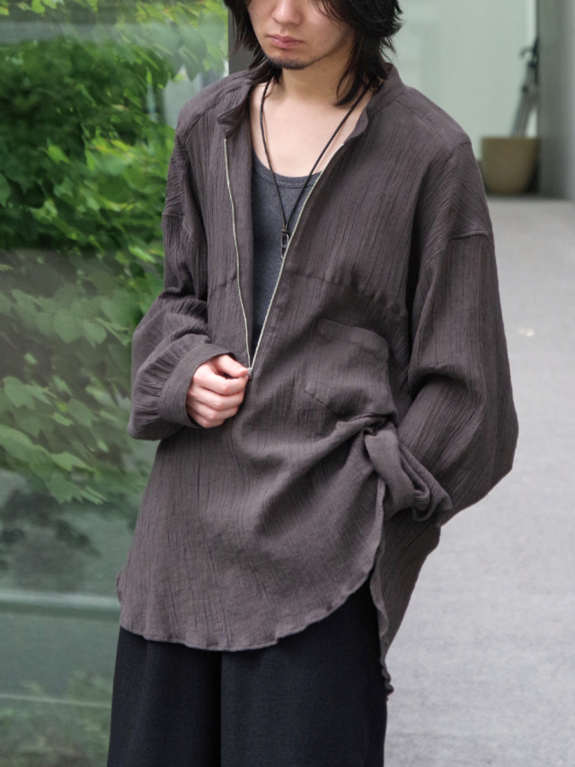 ANCELLM "CREPE HALF ZIP SHIRT" - BROWN