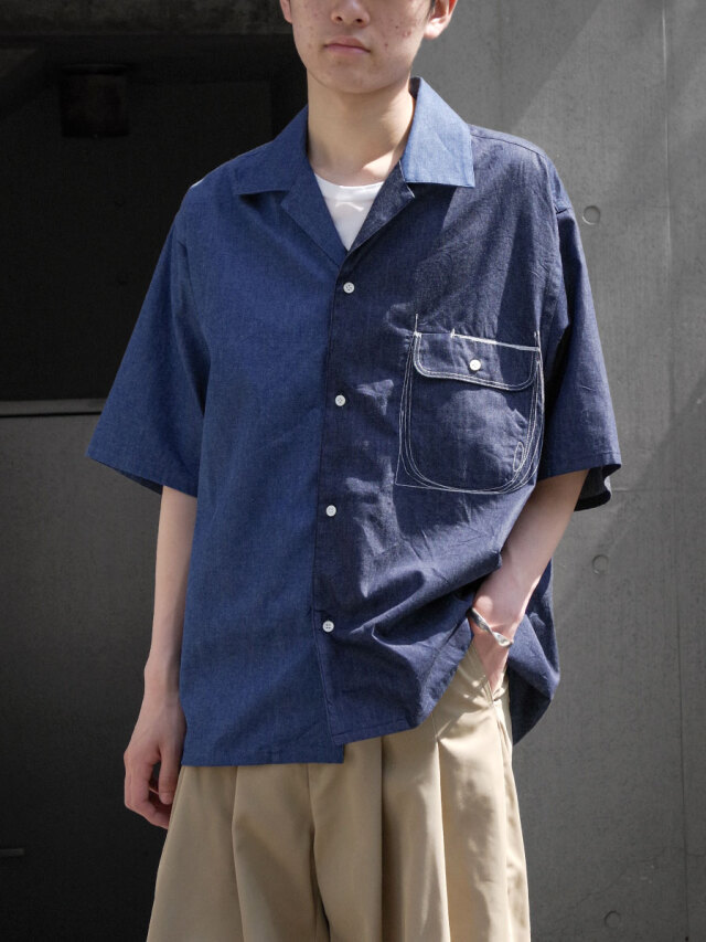 EMAM "Design stitch open collar shirt" - INDIGO DENIM