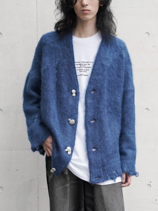 ALMOSTBLACK "MOHAIR DAMEGE METAL BUTTON KNIT" - BLUE