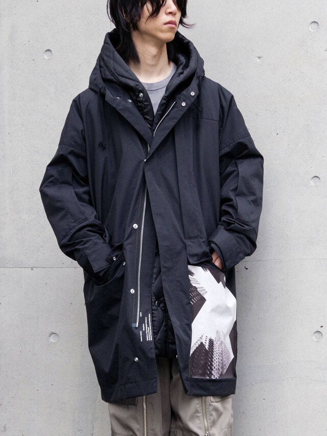 ALMOSTBLACK "WOVEN KIMONO LAYERED PRINT MODS COAT"