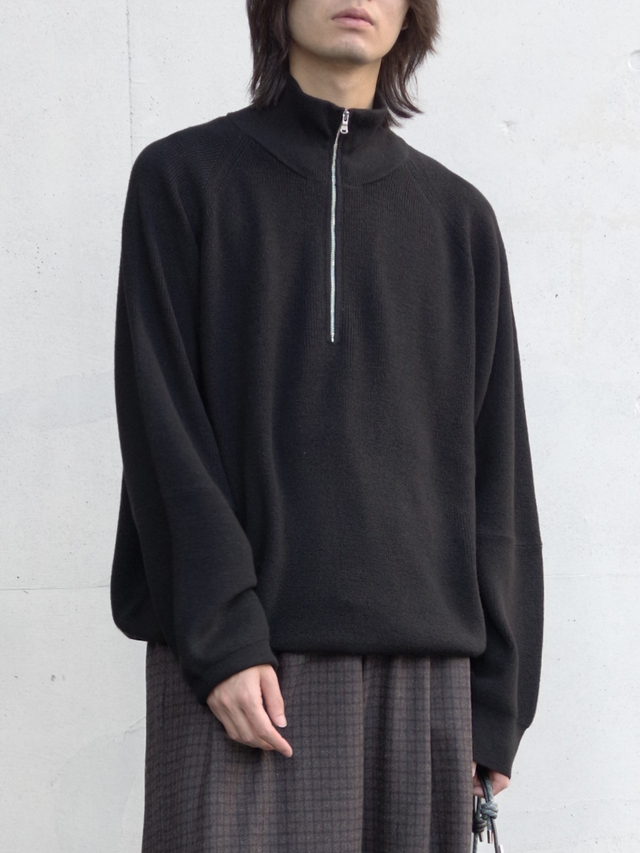 ANCELLM "120'S WOOL HALF ZIP KNIT" - BLACK