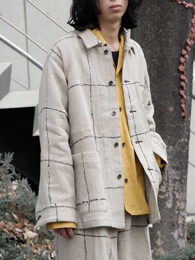 【2022SS】 ANCELLM (アンセルム) "DRAWING CHECK LINEN COVERALL" ジャケット ブルゾン