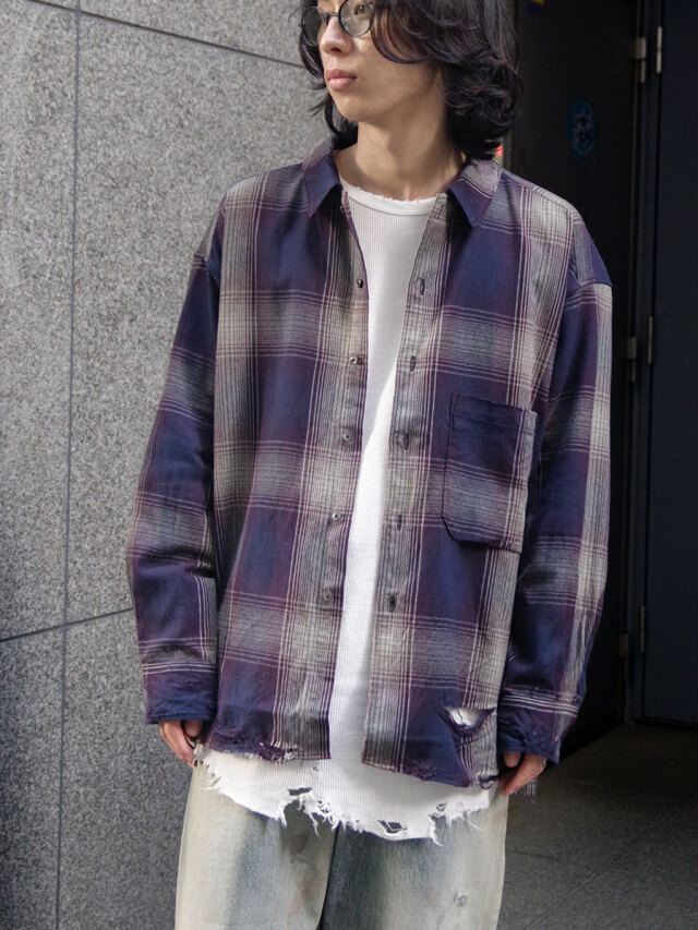 ANCELLM "DAMAGED FLANNEL CHECK SHIRT" - GRAY/BURGUNDY