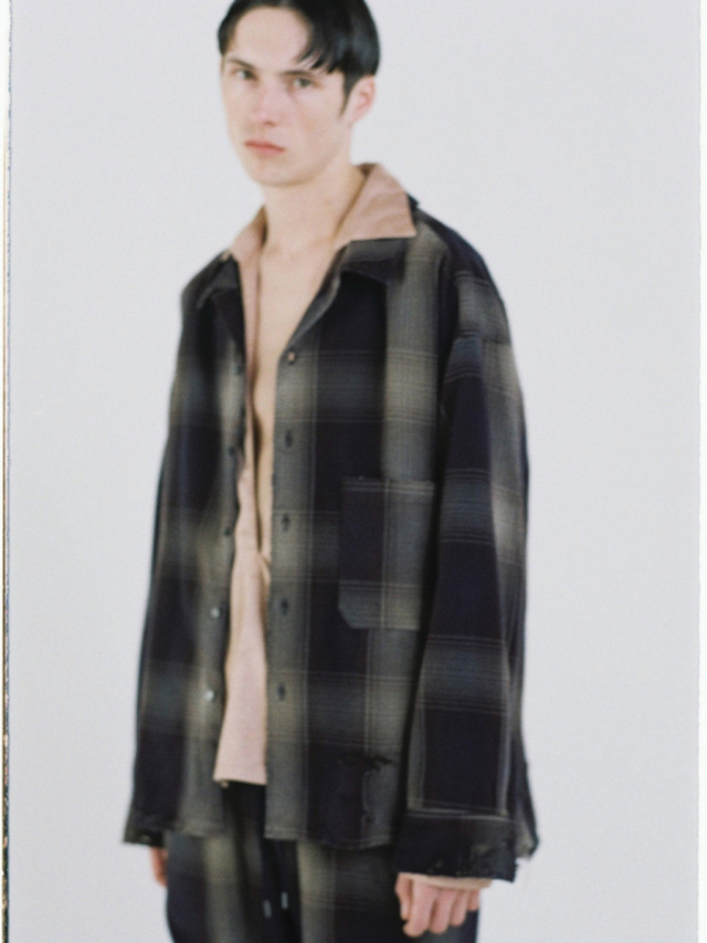 【ANCELLM】DAMAGED FLANNEL CHECK SHIRT ANCELLM - DAMAGED FLANNEL CHECK SHIRT/GRAY-BURGUNDY | NapsNote