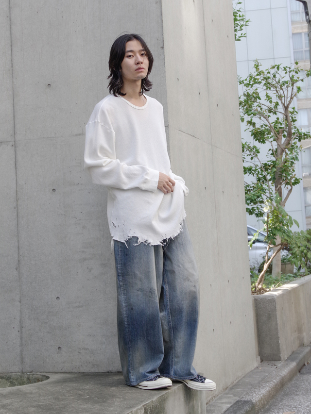 下着・アンダーウェア DAMAGE WAFFLE CREW LS T-SHIRT/GREIGE ANCELLM - DAMAGE WAFFLE CREW LS T-SHIRT | GREIGE | ダメージ