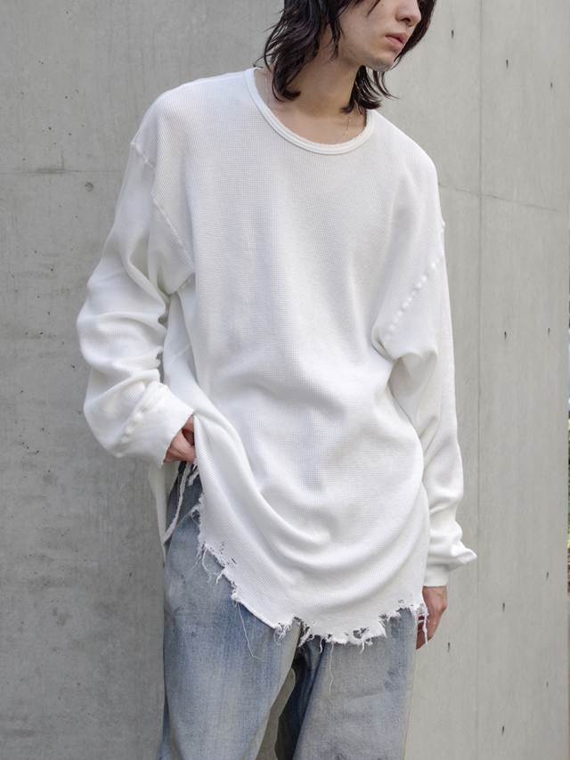 ANCELLM "DAMAGE WAFFLE CREW LS T-SHIRT" - WHITE