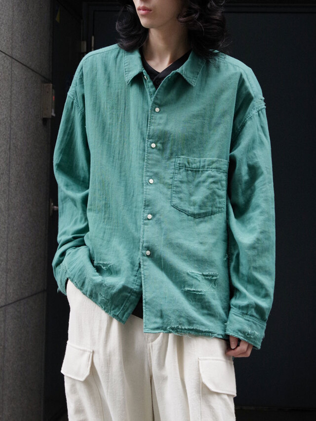 ANCELLM "DOUBLEGAUZE CRASH LS SHIRT" - GREEN