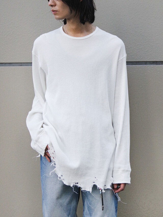ANCELLM "DAMAGE WAFFLE CREW LS T-SHIRT" - WHITE