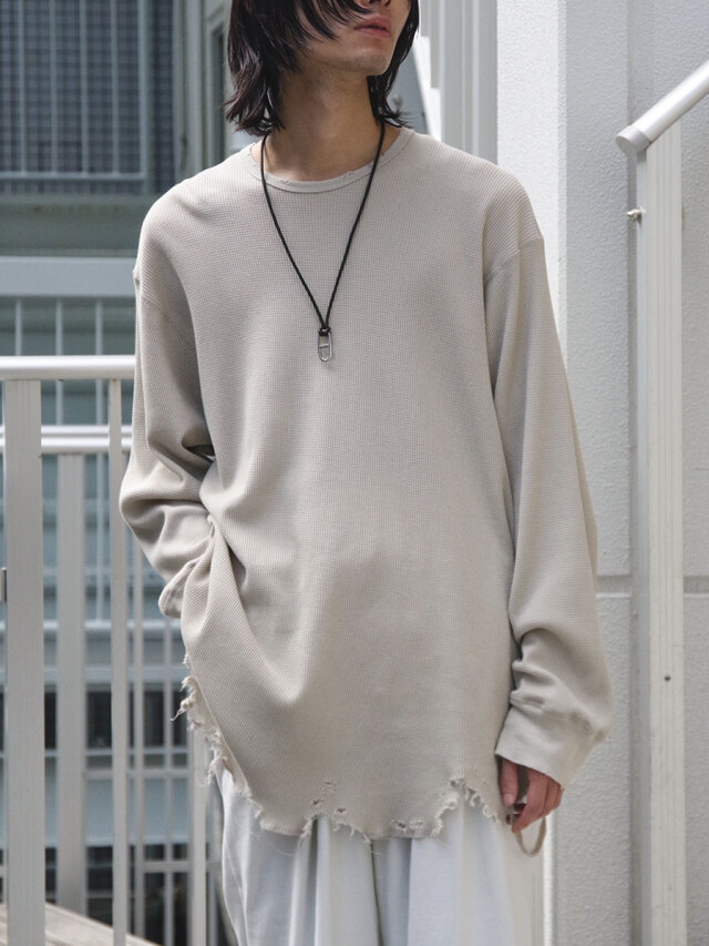 ANCELLM "DAMAGE WAFFLE CREW LS T-SHIRT" - GREIGE