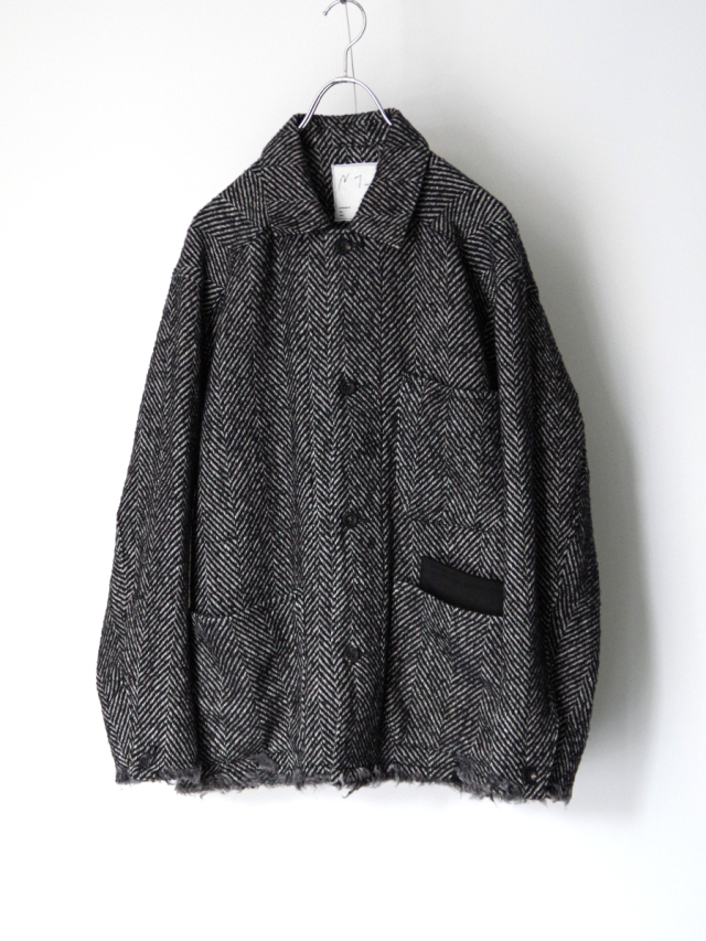 ANCELLM "DAMAGE WOOL HERRINGBONE COVER ALL" - WHITE×BLACK