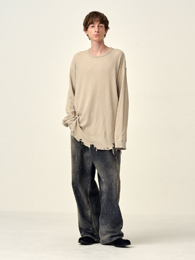 下着・アンダーウェア DAMAGE WAFFLE CREW LS T-SHIRT/GREIGE ANCELLM - DAMAGE WAFFLE CREW LS T-SHIRT | BEIGE | ダメージ