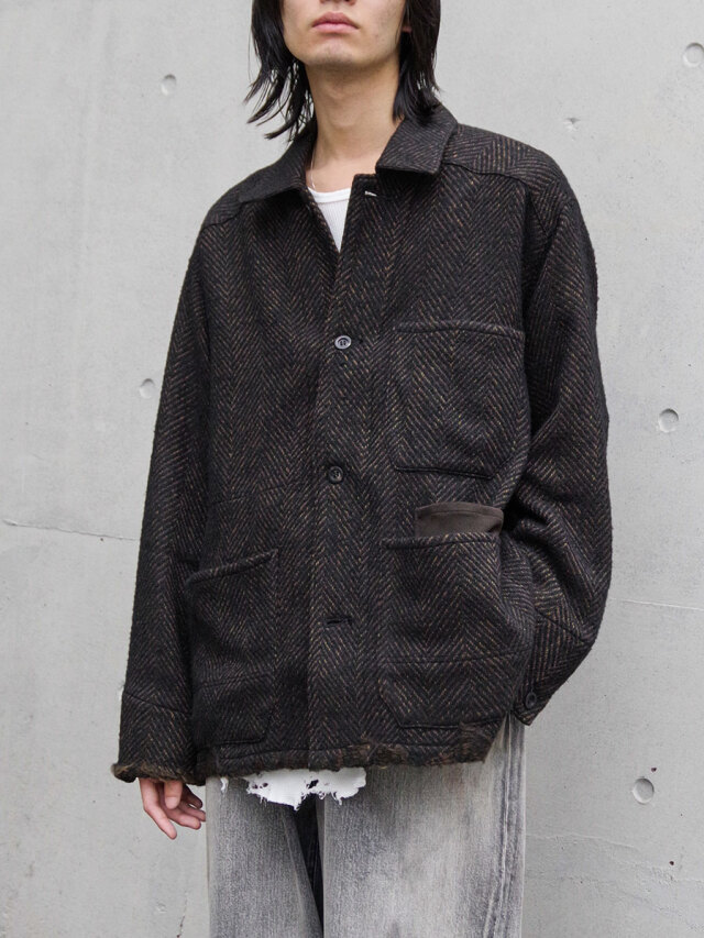 ANCELLM "DAMAGE WOOL HERRINGBONE COVER ALL" - BROWN×BLACK