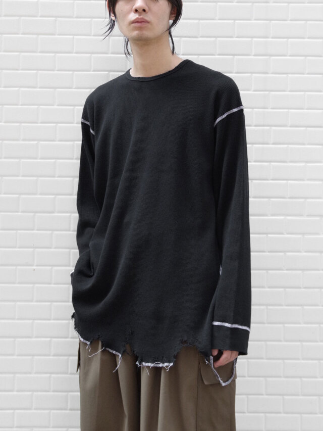 ANCELLM "DAMAGE WAFFLE CREW LS T-SHIRT" - BLACK