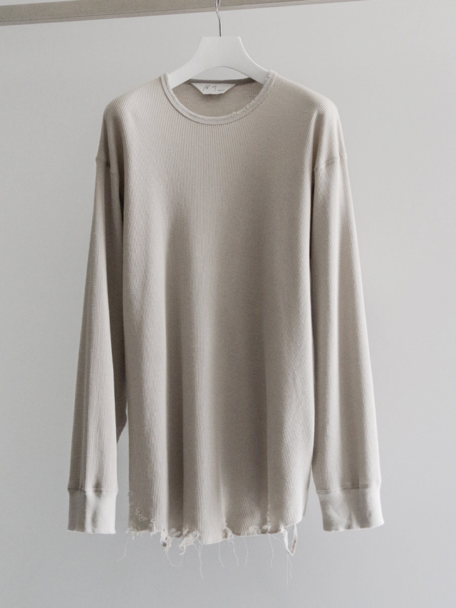 ANCELLM "DAMAGE WAFFLE CREW LS T-SHIRT" - GREIGE