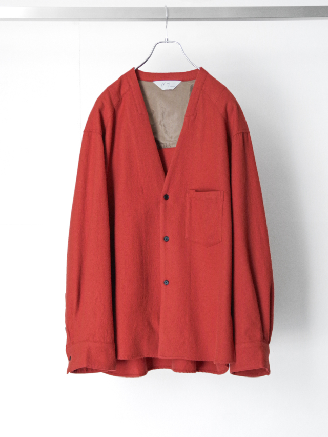 ANCELLM "SHRINK WOOL NO-COLLAR TAILORED SHIRT" - F.RED