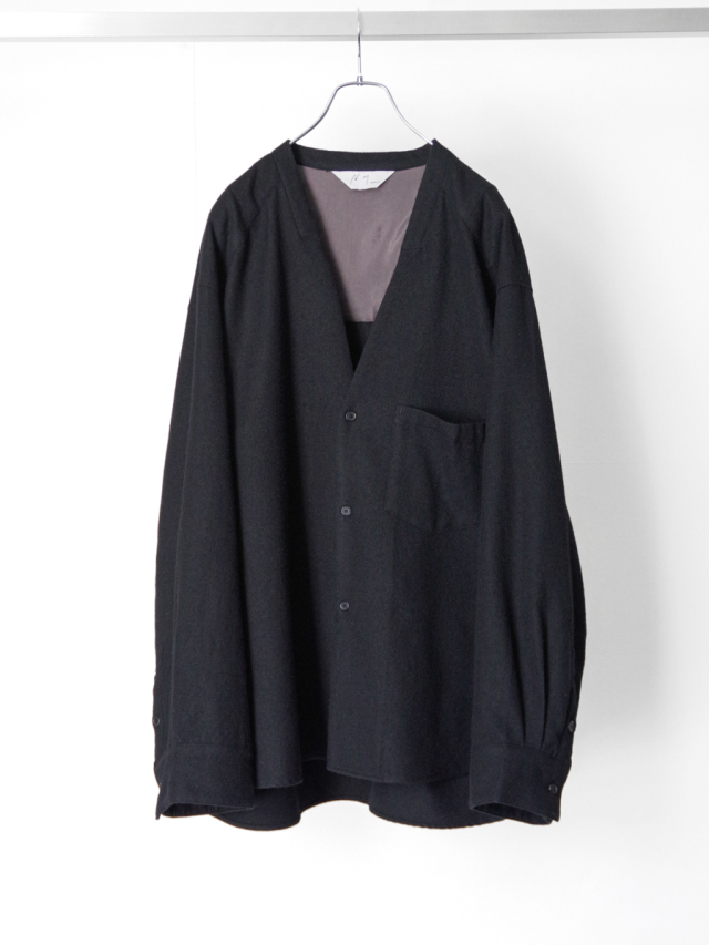 ANCELLM "SHRINK WOOL NO-COLLAR TAILORED SHIRT" - BLACK