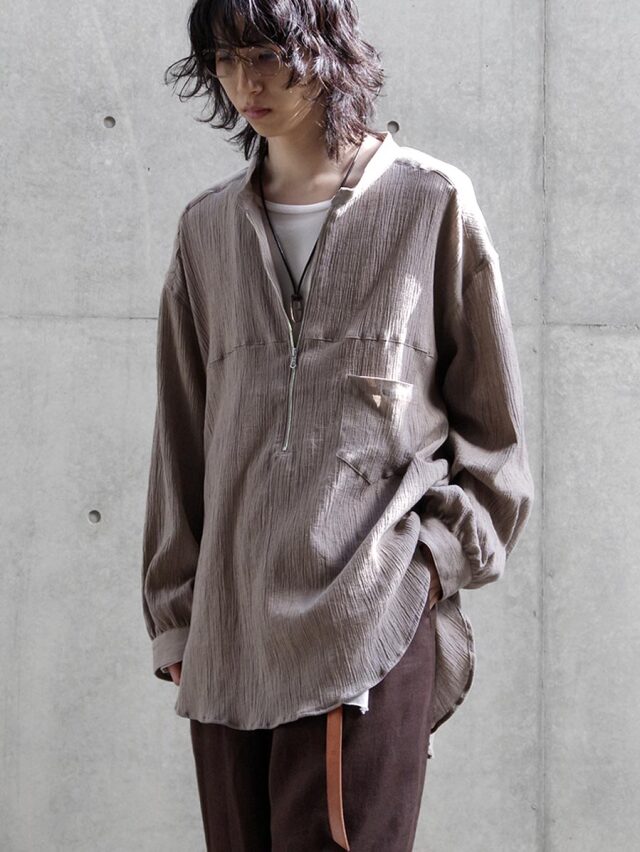 ANCELLM "CREPE HALF ZIP SHIRT" - GREIGE
