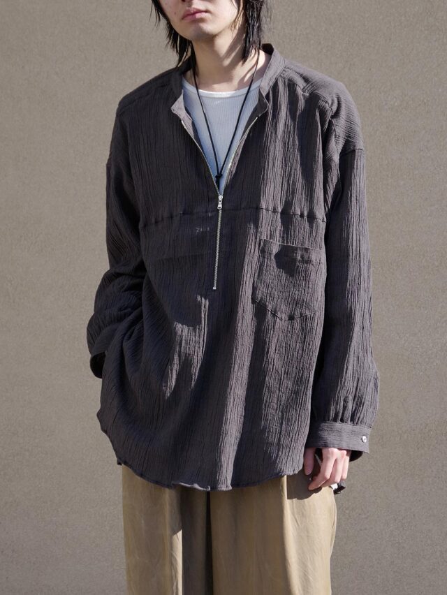 ANCELLM "CREPE HALF ZIP SHIRT" - BROWN