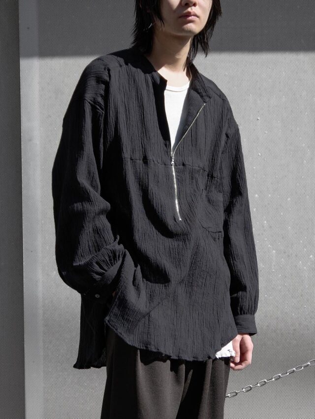 ANCELLM "CREPE HALF ZIP SHIRT" - BLACK
