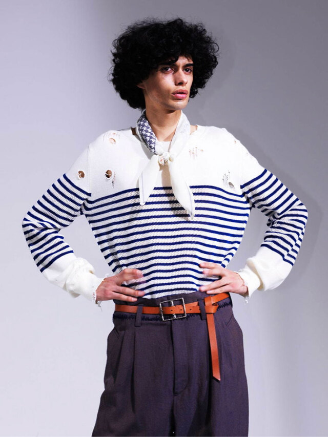 【2021SS】 BED J.W. FORD (ベッドフォード) "DAMAGE BORDER KNIT" ＜ニット＞ - WHITE x BLUE