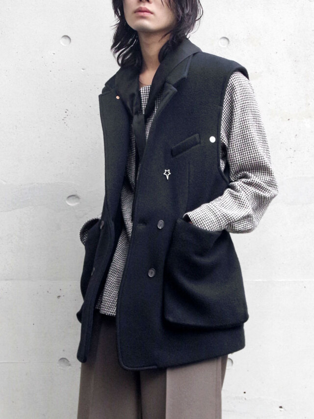 BED J.W. FORD "Oversized Pocket Wool Vest" BLACK