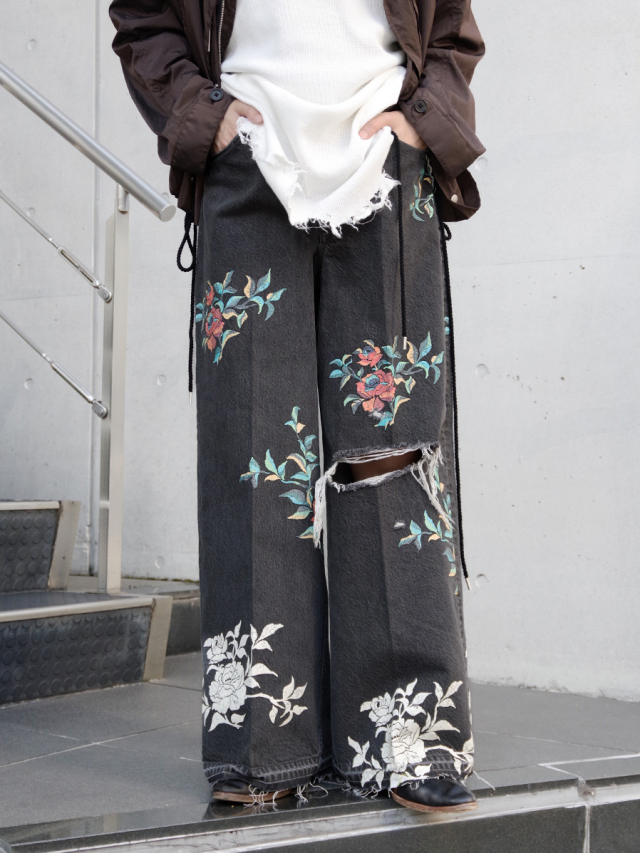 BED J.W. FORD "Flower Pattern Denim Wide Pants" - Black