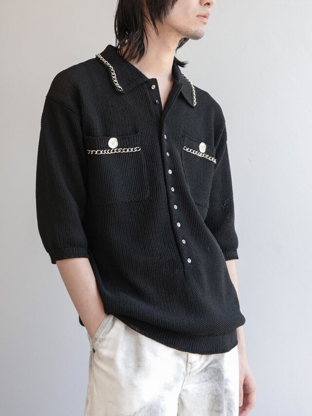 BED J.W. FORD "Chain Polo Half-sleeve Sweater" - BLACK