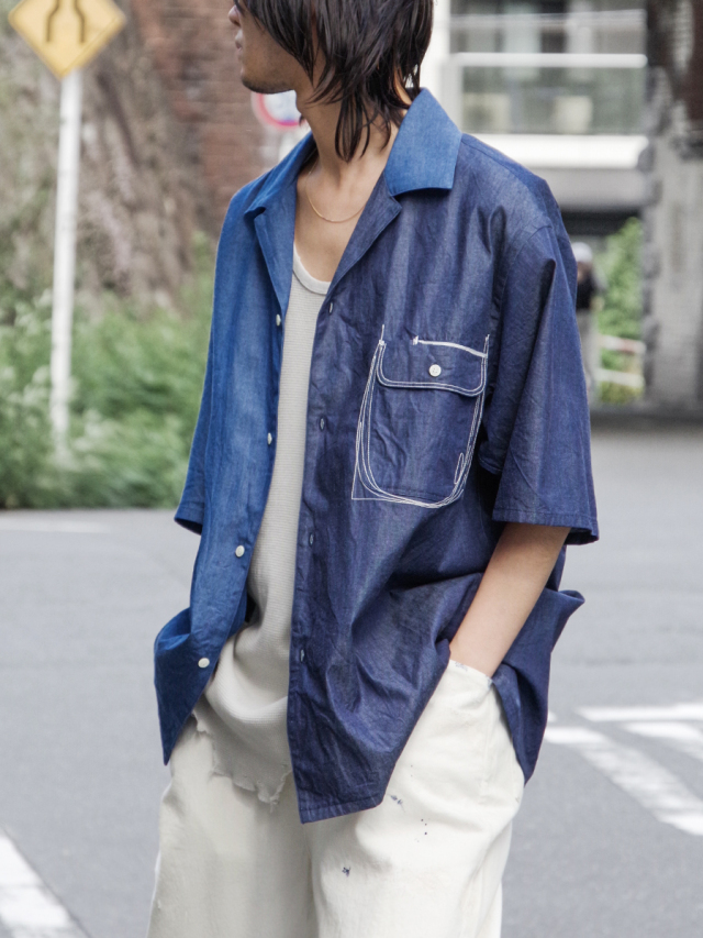 EMAM "Design stitch open collar shirt" - INDIGO DENIM